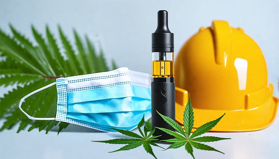THC vape cartridge with safety gear emphasizing responsible usage