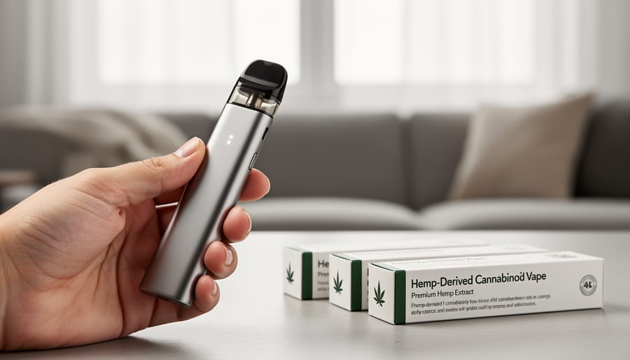 Hands holding a hemp-derived cannabinoid vape device next to product packaging.