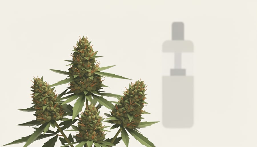 Hemp plant buds in focus with a blurred vape pen shape in the background.